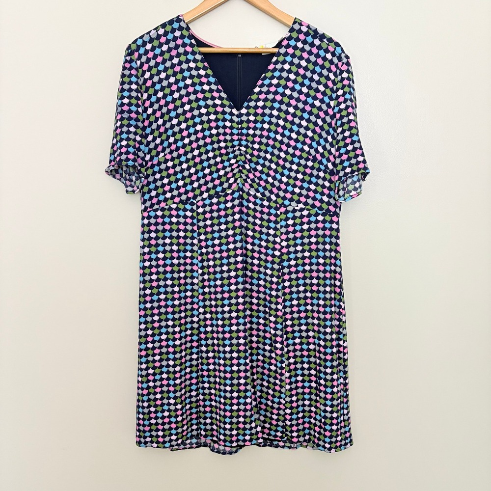 Boden Jemima Dress 14R Navy‎ Blue Multicolor Scallop Print V-Neck Ruched - Picture 12 of 13